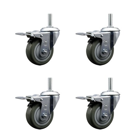 Service Caster 35 Inch Gray Polyurethane Swivel 34 Inch Threaded Stem Caster Set with Total Lock Brake SCC-TSTTL20S3514-PPUB-34212-4